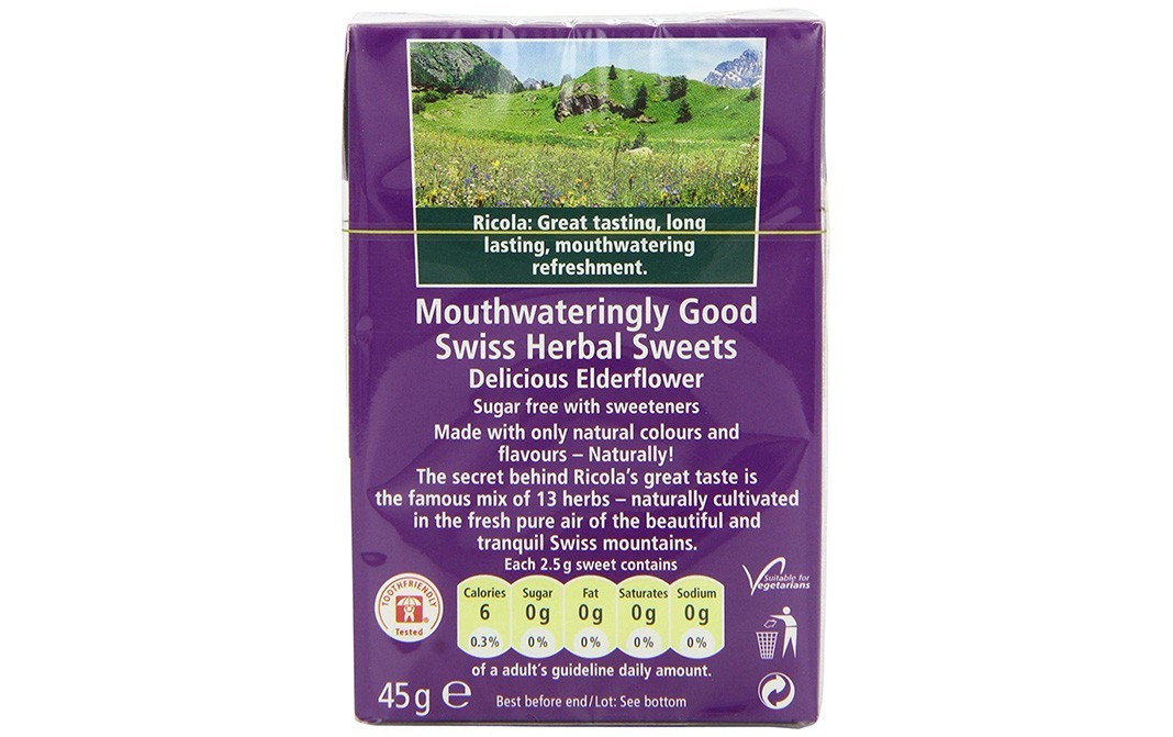 Ricola Delicious Elderflower Sugar Free   Box  45 grams